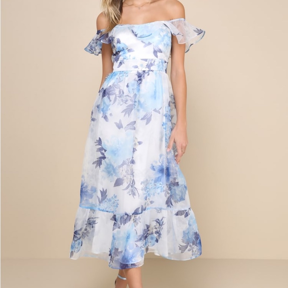 Lulus Sweet Composure White Floral Organza Off-the-Shoulder Midi Dress